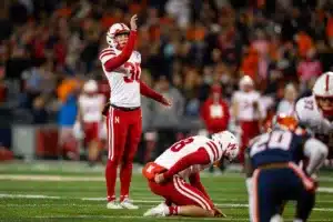 Nebraska Cornhuskers Tristan Alvano (30) lines up a field goal against the Illinois Fighting Illini during a college football game in Lincoln, Nebraska, Friday, October 6, 2023. Photo by John Peterson.