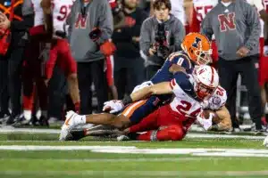 DUPLICATE***Nebraska Cornhuskers Marques Buford Jr. (24)***Nebraska Cornhuskers Thomas Fidone II (24) makes a catch and is tackled by Illinois Fighting Illini defensive back Nicario Harper (0) during a college football game in Lincoln, Nebraska, Friday, October 6, 2023. Photo by John Peterson.