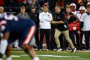 Nebraska Cornhuskers head coach Matt Rhule runs along the sidelline to call a time out against Illinois Fighting Illini in the first quarter during a college football game in Lincoln, Nebraska, Friday, October 6, 2023. Photo by John Peterson.