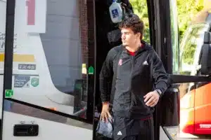 Nebraska Cornhuskers Heinrich Haarberg (10) steps off the bus to take on Illinois  Fighting Illini  during a college football game in Lincoln, Nebraska, Friday, October 6, 2023. Photo by John Peterson.