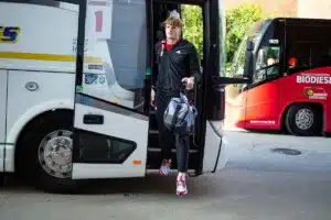 Nebraska Cornhuskers Thomas Fidone II (24) steps off the bus to take on Illinois Fighting Illini during a college football game in Lincoln, Nebraska, Friday, October 6, 2023. Photo by John Peterson.