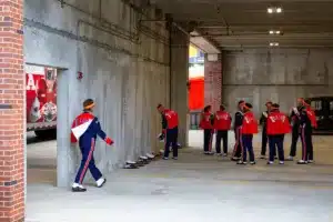 Illiniois Fighting Illini marching band gathers up under the stadium before  during a college football game in Lincoln, Nebraska, Friday, October 6, 2023. Photo by John Peterson.