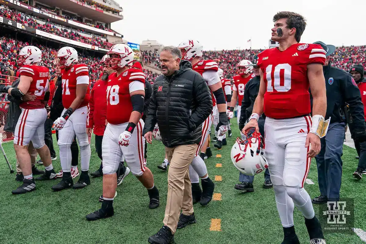 EF231124_FB_IUvNU_128-web.jpg Nebraska Cornhuskers head coach Matt Rhule walks off the field with his team after a game against the Iowa Hawkeyes in Lincoln, NE November 24th 2023. Photo by Eric Francis