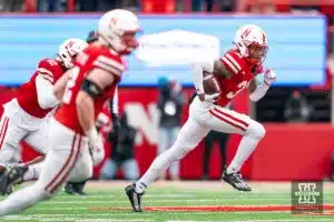 Nebraska Cornhuskers defensive back Tommi Hill (31) returns an interception during a game against the Iowa Hawkeyes in Lincoln, NE November 24th 2023. Photo by Eric Francis