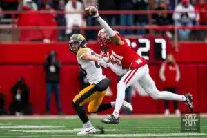 Nebraska Cornhuskers defensive back Tommi Hill (31) breaks up a pass intended for Iowa Hawkeyes tight end Steven Stilianos (86) during a game in Lincoln, NE November 24th 2023. Photo by Eric Francis