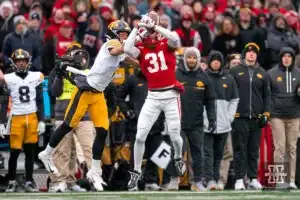 Nebraska Cornhuskers defensive back Tommi Hill (31) tries to intercept a pass during a game against the Iowa Hawkeyes in Lincoln, NE November 24th 2023. Photo by Eric Francis