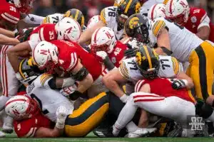 Nebraska Cornhuskers defense smothersIowa Hawkeyes running back Kaleb Johnson (2) during a game in Lincoln, NE November 24th 2023. Photo by Eric Francis