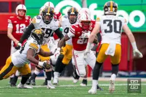 Nebraska Cornhuskers running back Emmett Johnson (21) runs the ball during a game in Lincoln, NE November 24th 2023. Photo by Eric Francis