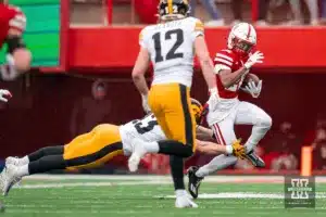 Nebraska Cornhuskers defensive back Ethan Nation (28) returns a kick during a game in Lincoln, NE November 24th 2023. Photo by Eric Francis