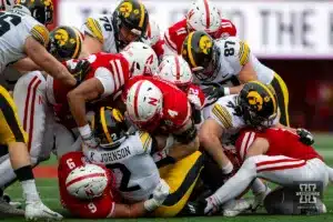 Nebraska Cornhuskers stop Iowa Hawkeye running back Kaleb Johnson (2) in the second half  during the football game on Thursday, November 24, 2023, in Lincoln, Neb. Photo by John S. Peterson.