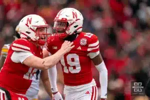 Nebraska Cornhuskers quarterback Chubba Purdy (12) celebrates a touchdown with Nebraska Cornhuskers wide receiver Jaylen Lloyd (19) during a game in Lincoln, NE November 24th 2023. Photo by Eric Francis