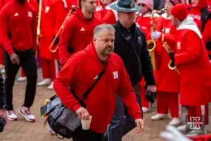 Nebraska Cornhusker head coach Matt Rhule arrives at the stadium before the football game against the Iowa Hawkeyes on Thursday, November 24, 2023, in Lincoln, Neb. Photo by John S. Peterson.
