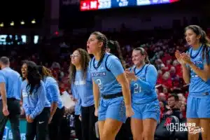 Creighton Bluejay guard Kennedy Townsend (2) cheers on the Bluejays against the Nebraska Cornhuskers in the fourth quarter during the basketball game on Sunday, November 19, 2023, in Lincoln, Nebraska. Photo by John S. Peterson.