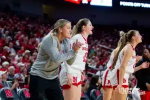 Nebraska Cornhusker guard Allison Weidner (3) watches intently the action on the court against the Creighton Bluejays in the third quarter during the basketball game on Sunday, November 19, 2023, in Lincoln, Nebraska. Photo by John S. Peterson.