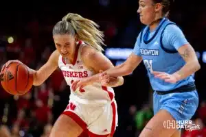 Nebraska Cornhusker guard Jaz Shelley (1) dribbles the ball against Creighton Bluejay forward Emma Ronsiek (31) in the third quarter during the basketball game on Sunday, November 19, 2023, in Lincoln, Nebraska. Photo by John S. Peterson.