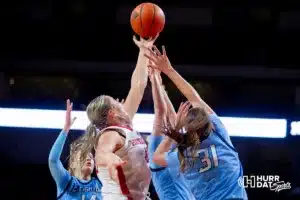 Nebraska Cornhusker center Alexis Markowski (40) reaches for the rebound against Creighton Bluejay forward Emma Ronsiek (31) and forward Mallory Brake (14) in the second quarter during the basketball game on Sunday, November 19, 2023, in Lincoln, Nebraska. Photo by John S. Peterson.