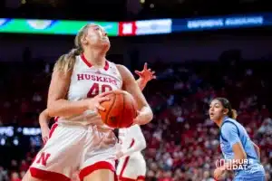 Nebraska Cornhusker center Alexis Markowski (40) makes a layup against the Creighton Bluejays in the third quarter during the basketball game on Sunday, November 19, 2023, in Lincoln, Nebraska. Photo by John S. Peterson.