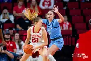 Creighton Bluejay forward Emma Ronsiek (31) defends against Nebraska Cornhusker forward Natalie Potts (22) during the basketball game on Sunday, November 19, 2023, in Lincoln, Nebraska. Photo by John S. Peterson.