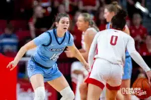 Creighton Bluejay guard Lauren Jensen (15) defends against Nebraska Cornhusker guard Darian White (0) in the second quarter during the basketball game on Sunday, November 19, 2023, in Lincoln, Nebraska. Photo by John S. Peterson.