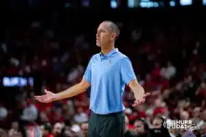 Creighton Bluejay head coach Jim Flanery reacts to the call by the referees during the basketball game against the Nebraska Cornhuskers on Sunday, November 19, 2023, in Lincoln, Nebraska. Photo by John S. Peterson.
