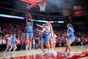 Creighton Bluejay forward Emma Ronsiek (31) grabs the rebound against the Nebraska Cornhuskers in the first quarter during the basketball game on Sunday, November 19, 2023, in Lincoln, Nebraska. Photo by John S. Peterson.
