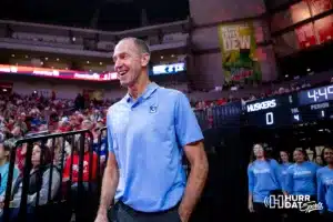 Creighton Bluejay head coach Jim Flanery heads out to the court to take on the Nebraska Cornhuskers during the basketball game on Sunday, November 19, 2023, in Lincoln, Nebraska. Photo by John S. Peterson.