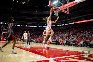 Nebraska Cornhusker forward Josiah Allick (53) makes a lay up against the Duquesne Dukes in the second half during the college basketball game on Wednesday November 22, 2023, in Lincoln, Neb. Photo by John S. Peterson.