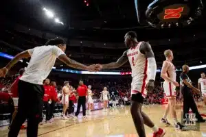 Nebraska Cornhusker forward Juwan Gary (4) gets five from Ahron Ulis in the second half during the college basketball game against the Duquesne Dukes on Wednesday November 22, 2023, in Lincoln, Neb. Photo by John S. Peterson.