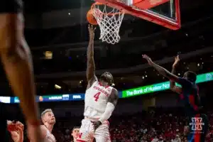 Nebraska Cornhusker forward Juwan Gary (4) makes a lay up against the Duquesne Dukes in the second half during the college basketball game on Wednesday November 22, 2023, in Lincoln, Neb. Photo by John S. Peterson.