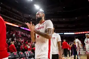 Nebraska Cornhusker guard Brice Williams (3) heads to the locker room after the win over the Duquesne Dukes during the college basketball game on Wednesday November 22, 2023, in Lincoln, Neb. Photo by John S. Peterson.