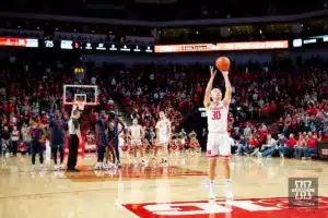 Nebraska Cornhusker guard Keisei Tominaga (30) makes a free throw from a technical foul from Duquesne Duke head coach Keith Dambrot late in the second half during the college basketball game on Wednesday November 22, 2023, in Lincoln, Neb. Photo by John S. Peterson.