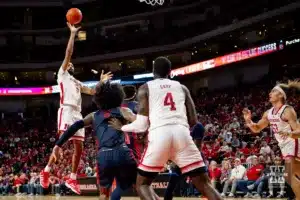 Nebraska Cornhusker guard Brice Williams (3) makes a jump shot against the Duquesne Dukes in the second half during the college basketball game on Wednesday November 22, 2023, in Lincoln, Neb. Photo by John S. Peterson.