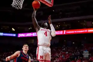 Nebraska Cornhusker forward Juwan Gary (4) makes a lay up against the Duquesne Dukes in the second half during the college basketball game on Wednesday November 22, 2023, in Lincoln, Neb. Photo by John S. Peterson.