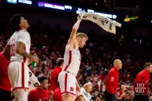 Nebraska Cornhusker forward Rienk Mast (51) celebrates a basket against the Duquesne Dukes in the second half during the college basketball game on Wednesday November 22, 2023, in Lincoln, Neb. Photo by John S. Peterson.