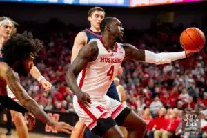 Nebraska Cornhusker forward Juwan Gary (4) grabs the reboud against the Duquesne Dukes in the second half during the college basketball game on Wednesday November 22, 2023, in Lincoln, Neb. Photo by John S. Peterson.