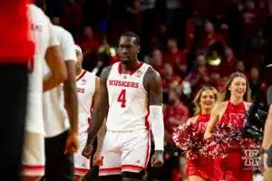 Nebraska Cornhusker forward Juwan Gary (4) reacts to the action on the court against the Duquesne Dukes in the second half during the college basketball game on Wednesday November 22, 2023, in Lincoln, Neb. Photo by John S. Peterson.