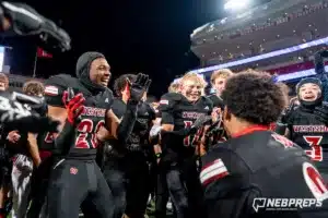 Westside Higih School players celebrate after a Class A State Championship[ game between Elkhorn South High School and Omaha Westside High School in Lincoln, NE on Tuesday November 21st, 2023. Westside defeated Elkhorn South 56-0. Photo by Eric Francis