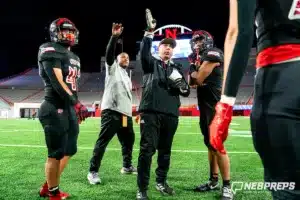 Westside Higih School head coach Paul Limongi discusses coin toss strategy during a Class A State Championship[ game between Elkhorn South High School and Omaha Westside High School in Lincoln, NE on Tuesday November 21st, 2023. Westside defeated Elkhorn South 56-0. Photo by Eric Francis