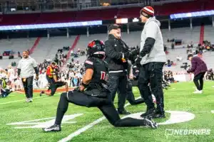 The Warriors prepare at Memorial Stadium before a Class A State Championship[ game between Elkhorn South High School and Omaha Westside High School in Lincoln, NE on Tuesday November 21st, 2023. Westside defeated Elkhorn South 56-0. Photo by Eric Francis