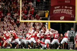 Nebraska Cornhuskers try to block and extra kick during a game between the Wisconsin Badgers and the the Nebraska Cornhuskers in Madison, WI on Saturday November 18th, 2023. Photo by Eric Francis