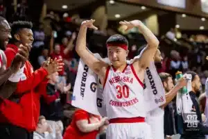 Nebraska Cornhusker guard Keisei Tominaga (30) celebrates a basket against the Oregon State Beavers in the second half during the basketball game on Saturday, November 18, 2023, in Sioux Falls, South Dakota. Photo by John S. Peterson.