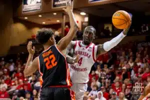 Nebraska Cornhusker forward Juwan Gary (4) makes a pass against Oregon State Beaver forward Thomas Ndong (22) in the second half during the basketball game on Saturday, November 18, 2023, in Sioux Falls, South Dakota. Photo by John S. Peterson.