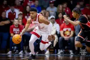 Nebraska Cornhusker guard Jamarques Lawrence (10) dribbles the ball down court against Oregon State Beaver guard DaJohn Craig (11) in the first half during the basketball game on Saturday, November 18, 2023, in Sioux Falls, South Dakota. Photo by John S. Peterson.