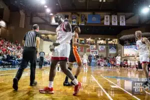 Nebraska Cornhusker forward Juwan Gary (4) celebrates a basket against the Oregon State Beavers in the first half during the basketball game on Saturday, November 18, 2023, in Sioux Falls, South Dakota. Photo by John S. Peterson.