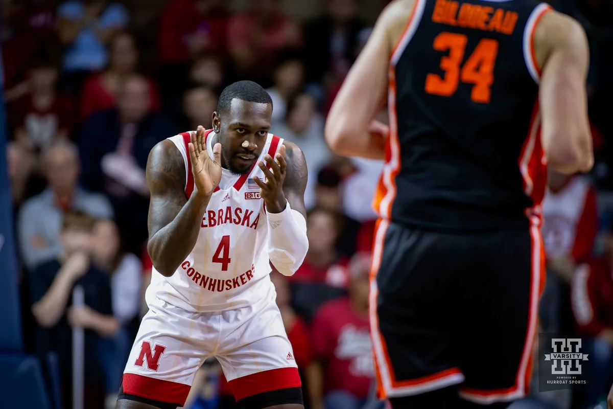JP231118_MBB_NU_v_OS_0540_WM.jpg Nebraska Cornhusker forward Juwan Gary (4) claps his hands as he is ready to defend against Oregon State Beaver forward Tyler Bilodeau (34) in the first half during the basketball game on Saturday, November 18, 2023, in Sioux Falls, South Dakota. Photo by John S. Peterson.