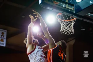 Nebraska Cornhusker forward Rienk Mast (51) makes a layup against Oregon State Beaver center KC Ibekwe (24) in the first half against during the basketball game on Saturday, November 18, 2023, in Sioux Falls, South Dakota. Photo by John S. Peterson.