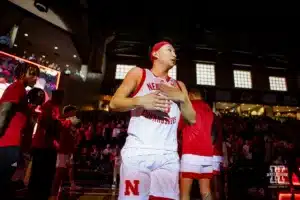 Nebraska Cornhusker guard Keisei Tominaga (30) introduced before the basketball game against the Oregon State Beavers on Saturday, November 18, 2023, in Sioux Falls, South Dakota. Photo by John S. Peterson.
