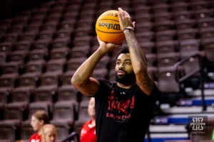 Nebraska Cornhusker guard Brice Williams (3) warms up before taking on Oregon State Beavers during the basketball game on Saturday, November 18, 2023, in Sioux Falls, South Dakota. Photo by John S. Peterson.