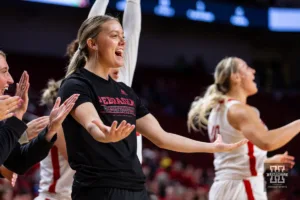 Nebraska Cornhusker Allison Wagner celebrates a basket against the Alcorn State Lady Braves in the second half during the basketball game on Tuesday, November 14, 2023, in Lincoln, Nebraska. Photo by John S. Peterson.