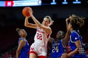 Nebraska Cornhusker forward Natalie Potts (22) makes a pass against the Alcorn State Lady Braves in the second half during the basketball game on Tuesday, November 14, 2023, in Lincoln, Nebraska. Photo by John S. Peterson.